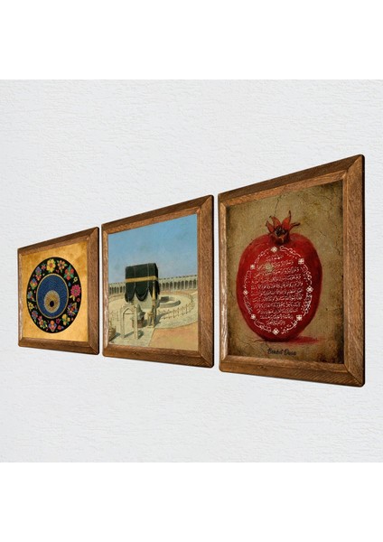 Kabe-I Muazzama, Nazar, Bereket Duası Taş Duvar Tablosu Ahşap Çerçeveli Duvar Dekoru 3 Parça Tablo Seti Wall Art W3-291