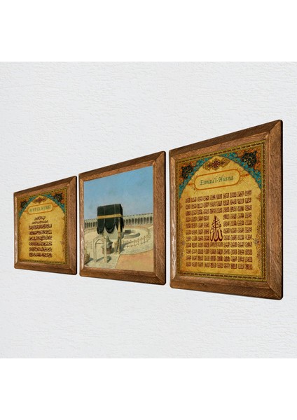 Kabe-I Muazzama, Ayet-El Kürsi, Esma'ül Hüsna Taş Duvar Tablosu Ahşap Çerçeveli Duvar Dekoru 3 Parça Tablo Seti Wall Art W3-1889 fiyatları