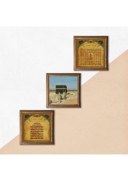 Kabe-I Muazzama, Ayet-El Kürsi, Esma'ül Hüsna Taş Duvar Tablosu Ahşap Çerçeveli Duvar Dekoru 3 Parça Tablo Seti Wall Art W3-1889 indirimleri