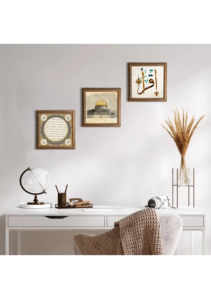 Mescid-I Aksa, Ilk Ayet 'oku', Hilye-I Şerif Taş Duvar Tablosu Ahşap Çerçeveli Duvar Dekoru 3 Parça Tablo Seti Wall Art W3-655