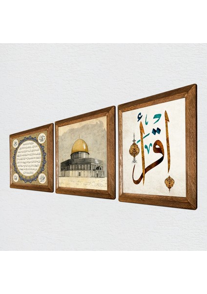 Mescid-I Aksa, Ilk Ayet 'oku', Hilye-I Şerif Taş Duvar Tablosu Ahşap Çerçeveli Duvar Dekoru 3 Parça Tablo Seti Wall Art W3-655