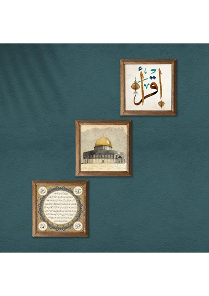 Mescid-I Aksa, Ilk Ayet 'oku', Hilye-I Şerif Taş Duvar Tablosu Ahşap Çerçeveli Duvar Dekoru 3 Parça Tablo Seti Wall Art W3-655