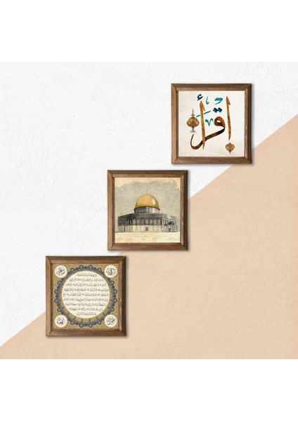 Mescid-I Aksa, Ilk Ayet 'oku', Hilye-I Şerif Taş Duvar Tablosu Ahşap Çerçeveli Duvar Dekoru 3 Parça Tablo Seti Wall Art W3-655