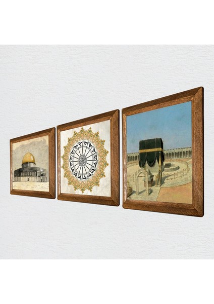 Şems Suresi, Kabe-I Muazzama, Mescid-I Aksa Taş Duvar Tablosu Ahşap Çerçeveli Duvar Dekoru 3 Parça Tablo Seti Wall Art W3-1794
