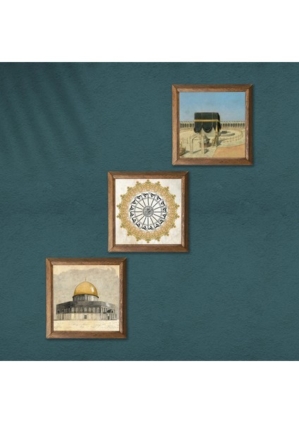 Şems Suresi, Kabe-I Muazzama, Mescid-I Aksa Taş Duvar Tablosu Ahşap Çerçeveli Duvar Dekoru 3 Parça Tablo Seti Wall Art W3-1794