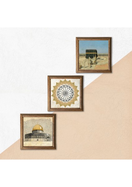 Şems Suresi, Kabe-I Muazzama, Mescid-I Aksa Taş Duvar Tablosu Ahşap Çerçeveli Duvar Dekoru 3 Parça Tablo Seti Wall Art W3-1794