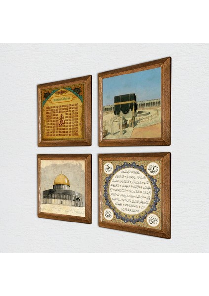 Kabe-I Muazzama, Mescid-I Aksa, Esma'ül Hüsna, Hilye-I Şerif Taş Duvar Tablosu Ahşap Çerçeveli Duvar Dekoru 4 Parça Tablo Seti Wall Art W4-1109