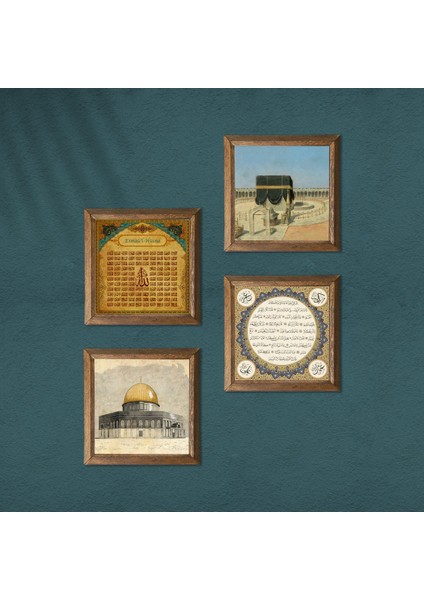 Kabe-I Muazzama, Mescid-I Aksa, Esma'ül Hüsna, Hilye-I Şerif Taş Duvar Tablosu Ahşap Çerçeveli Duvar Dekoru 4 Parça Tablo Seti Wall Art W4-1109