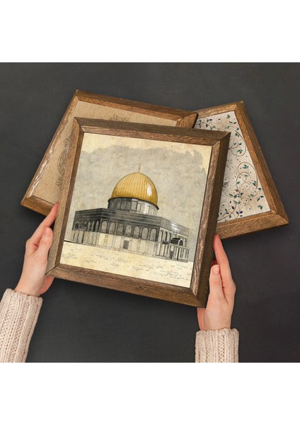 Kabe-I Muazzama, Mescid-I Aksa, Esma'ül Hüsna, Hilye-I Şerif Taş Duvar Tablosu Ahşap Çerçeveli Duvar Dekoru 4 Parça Tablo Seti Wall Art W4-1109