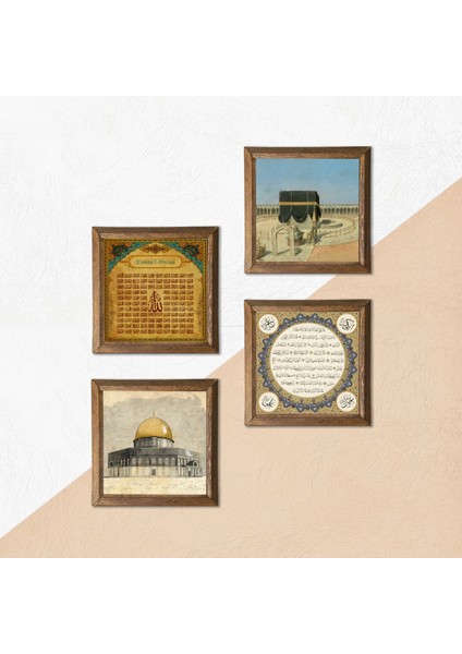 Kabe-I Muazzama, Mescid-I Aksa, Esma'ül Hüsna, Hilye-I Şerif Taş Duvar Tablosu Ahşap Çerçeveli Duvar Dekoru 4 Parça Tablo Seti Wall Art W4-1109