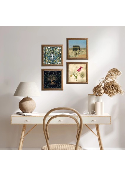 Hayat Ağacı, Lale, Kabe-I Muazzama Taş Duvar Tablosu Ahşap Çerçeveli Duvar Dekoru 4 Parça Tablo Seti Wall Art W4-399