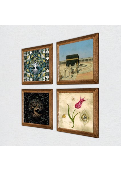 Hayat Ağacı, Lale, Kabe-I Muazzama Taş Duvar Tablosu Ahşap Çerçeveli Duvar Dekoru 4 Parça Tablo Seti Wall Art W4-399