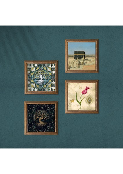 Hayat Ağacı, Lale, Kabe-I Muazzama Taş Duvar Tablosu Ahşap Çerçeveli Duvar Dekoru 4 Parça Tablo Seti Wall Art W4-399