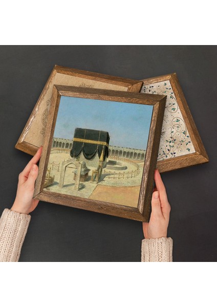 Hayat Ağacı, Lale, Kabe-I Muazzama Taş Duvar Tablosu Ahşap Çerçeveli Duvar Dekoru 4 Parça Tablo Seti Wall Art W4-399