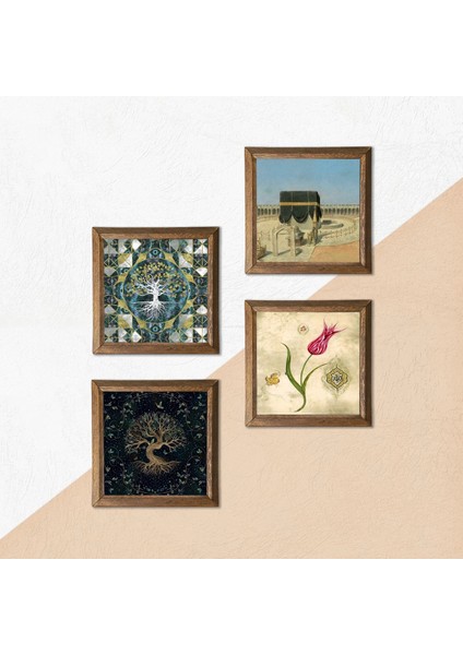 Hayat Ağacı, Lale, Kabe-I Muazzama Taş Duvar Tablosu Ahşap Çerçeveli Duvar Dekoru 4 Parça Tablo Seti Wall Art W4-399