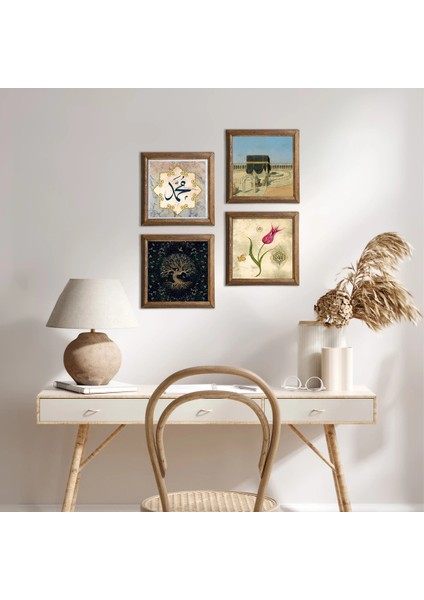 Hayat Ağacı, Lale, Kabe-i Muazzama, Hz. Muhammed Lafzı Ahşap Çerçeveli Taş Duvar Tablosu 4’lü Set – 25x25 cm Dekoratif Modern Sanat – Ev ve Ofis Dekoru |W4-380|