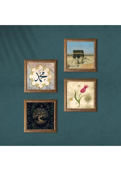 Hayat Ağacı, Lale, Kabe-i Muazzama, Hz. Muhammed Lafzı Ahşap Çerçeveli Taş Duvar Tablosu 4’lü Set – 25x25 cm Dekoratif Modern Sanat – Ev ve Ofis Dekoru |W4-380| modelleri