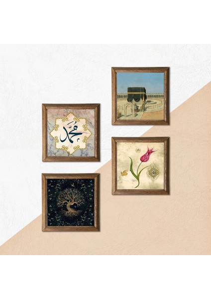 Hayat Ağacı, Lale, Kabe-i Muazzama, Hz. Muhammed Lafzı Ahşap Çerçeveli Taş Duvar Tablosu 4’lü Set – 25x25 cm Dekoratif Modern Sanat – Ev ve Ofis Dekoru |W4-380| indirimleri