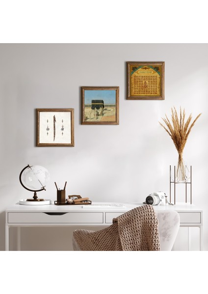 Stone Kabe-i Muazzama, Elif, Esma'ül Hüsna Ahşap Çerçeveli Taş Duvar Tablosu 3’lü Set – 25x25 cm Dekoratif Modern Sanat – Ev ve Ofis Dekoru |W3-1890|