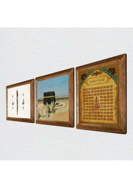Stone Kabe-i Muazzama, Elif, Esma'ül Hüsna Ahşap Çerçeveli Taş Duvar Tablosu 3’lü Set – 25x25 cm Dekoratif Modern Sanat – Ev ve Ofis Dekoru |W3-1890| fiyatları