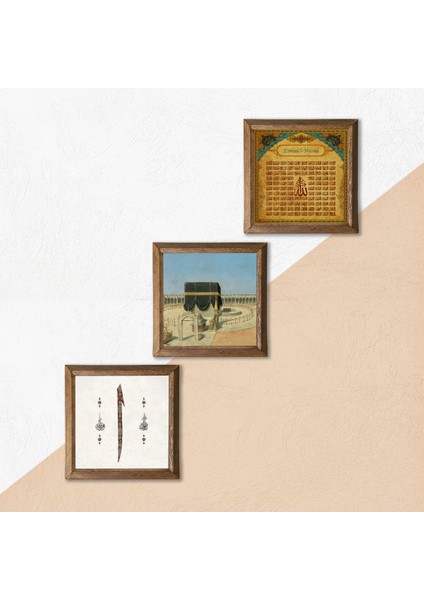 Stone Kabe-i Muazzama, Elif, Esma'ül Hüsna Ahşap Çerçeveli Taş Duvar Tablosu 3’lü Set – 25x25 cm Dekoratif Modern Sanat – Ev ve Ofis Dekoru |W3-1890| indirimleri