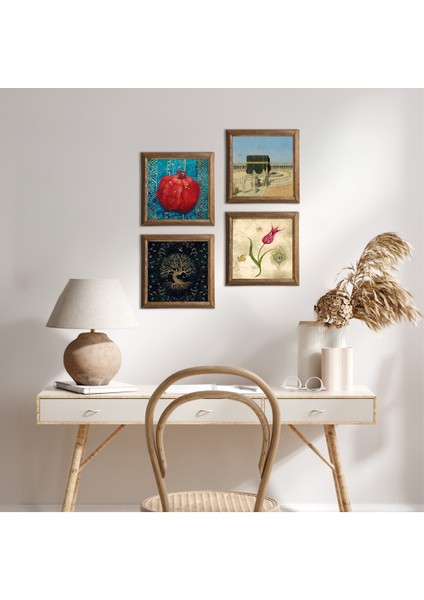 Hayat Ağacı, Lale, Kabe-I Muazzama, Nar Taş Duvar Tablosu Ahşap Çerçeveli Duvar Dekoru 4 Parça Tablo Seti Wall Art W4-391