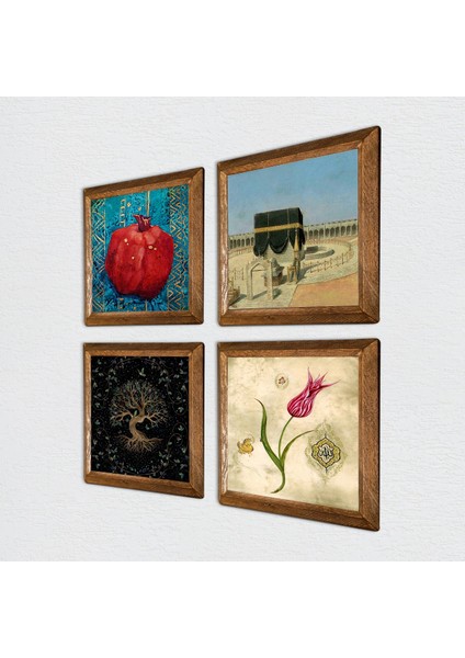 Hayat Ağacı, Lale, Kabe-I Muazzama, Nar Taş Duvar Tablosu Ahşap Çerçeveli Duvar Dekoru 4 Parça Tablo Seti Wall Art W4-391 fiyatları