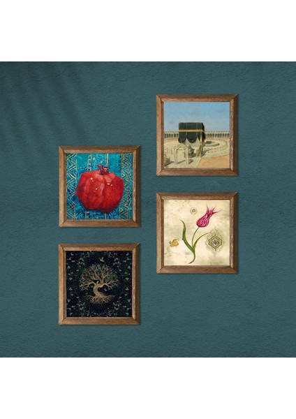 Hayat Ağacı, Lale, Kabe-I Muazzama, Nar Taş Duvar Tablosu Ahşap Çerçeveli Duvar Dekoru 4 Parça Tablo Seti Wall Art W4-391 modelleri