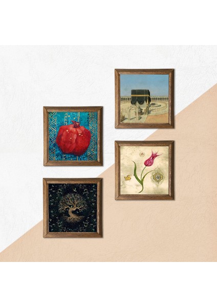 Hayat Ağacı, Lale, Kabe-I Muazzama, Nar Taş Duvar Tablosu Ahşap Çerçeveli Duvar Dekoru 4 Parça Tablo Seti Wall Art W4-391 indirimleri