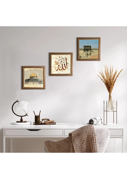 Kabe-I Muazzama, Mescid-I Aksa, Allah Lafzı Taş Duvar Tablosu Ahşap Çerçeveli Duvar Dekoru 3 Parça Tablo Seti Wall Art W3-1789
