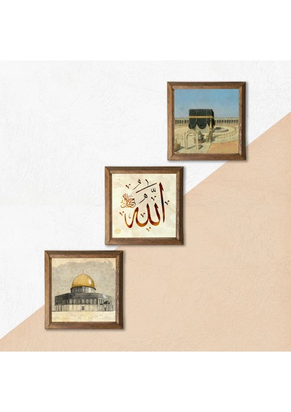Kabe-I Muazzama, Mescid-I Aksa, Allah Lafzı Taş Duvar Tablosu Ahşap Çerçeveli Duvar Dekoru 3 Parça Tablo Seti Wall Art W3-1789