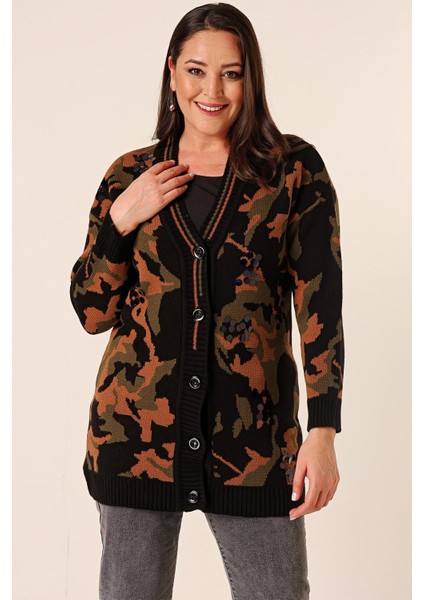 Oversize Kamuflaj Pullu Uzun Triko Hırka