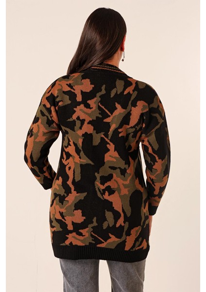 Oversize Kamuflaj Pullu Uzun Triko Hırka