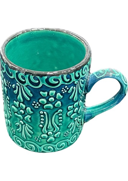 Lale Motifli Yeşil Çini Işleme Seramik Kupa Bardak