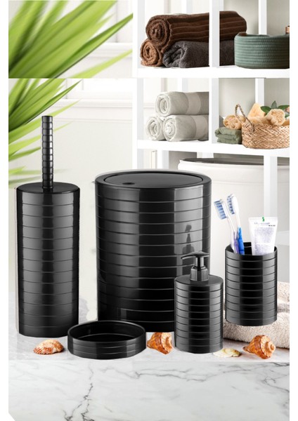 5 Parça Lüx Banyo Seti - Dekoratif Yuvarlak Pratik Kapak Çöp Kovası Diş Fırçalık Sabunluk Fırça Seti