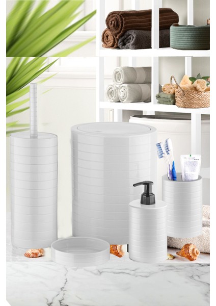 5 Parça Lüx Banyo Seti - Dekoratif Yuvarlak Pratik Kapak Çöp Kovası Diş Fırçalık Sabunluk Fırça Seti