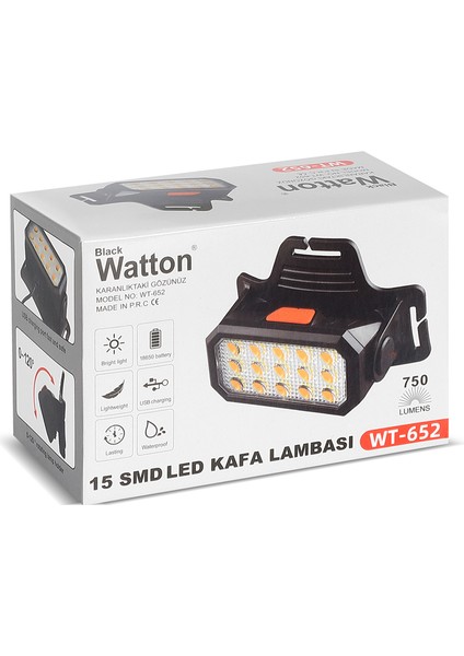 15 Ledli Sarı / Beyaz Şarjlı Kafa Lambası Watton WT-652