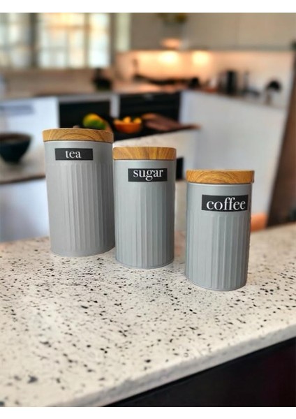 Gri Bambu Görünümlü Kapak 3lü Metal Kavanoz