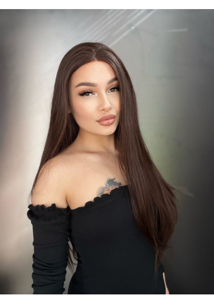 Düz Fiber Sentetik Tül Peruk - Kahverengi Peruk