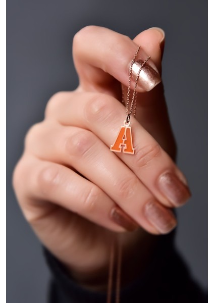 925 Ayar Gümüş Kaplama Parlayan Rüya Serisi Ebruli Cam Boyalı Turuncu A Harfi Kolye