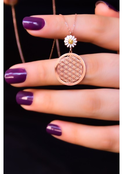 925 Ayar Gümüş Kaplama Papatya Tepelikli Yaşam Çiçeği Kolye