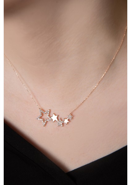 925 Ayar Gümüş Kaplama Sıralı Beş Yıldız Zirkon Taşlı Kolye