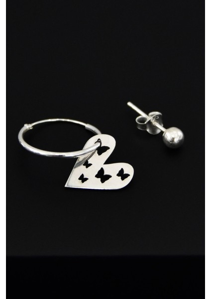 925 Ayar Gümüş Kaplama Kelebek Motifli Kalp Halka ve Top Küpe