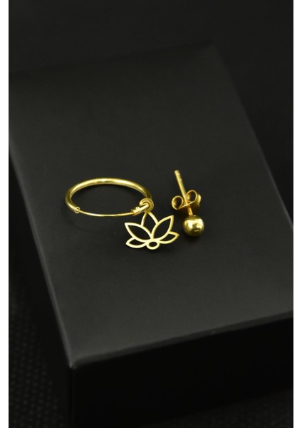 925 Ayar Gümüş Kaplama Lotus Figürlü Halka ve Top Küpe