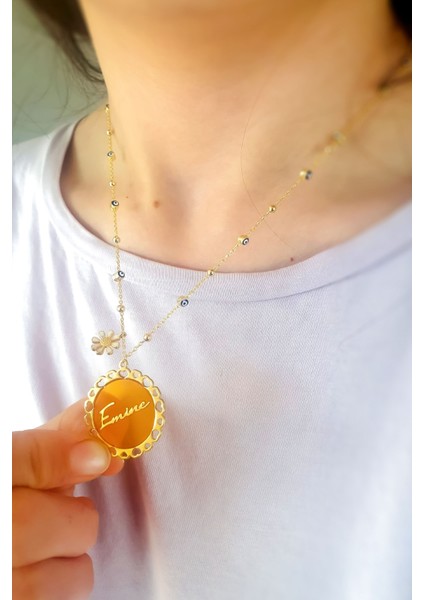 925 Ayar Gümüş Kaplama Mineli Göz Zincir Kalp Çerçeveli Isimli Mineli Kolye fiyatları