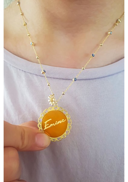 925 Ayar Gümüş Kaplama Mineli Göz Zincir Kalp Çerçeveli Isimli Mineli Kolye modelleri