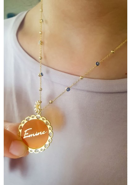 925 Ayar Gümüş Kaplama Mineli Göz Zincir Kalp Çerçeveli Isimli Mineli Kolye fırsatları