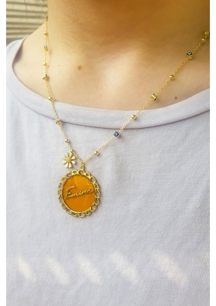 925 Ayar Gümüş Kaplama Mineli Göz Zincir Kalp Çerçeveli Isimli Mineli Kolye indirimleri