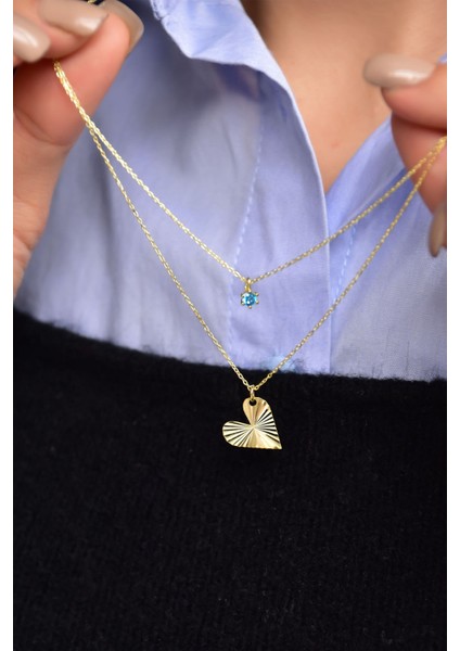 925 Ayar Gümüş Mavi Tektaş Kristal Kalp Asansör Kolye