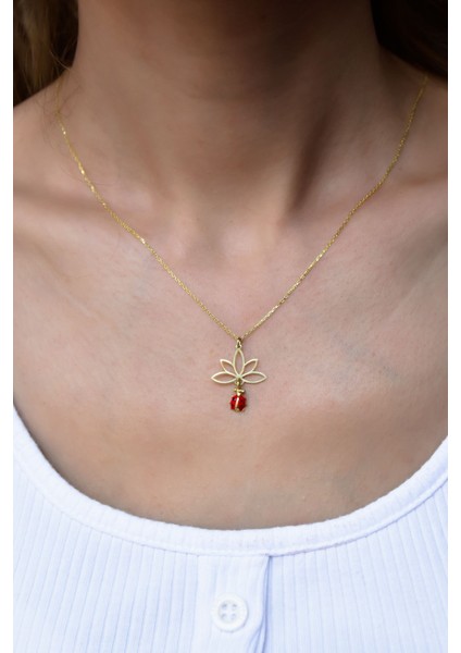 Gümüş Kaplama Uğur Böceği Lotus Çiçeği Kolye 925 Ayar